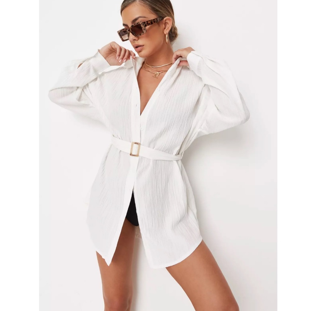 Missguided White Crinkle Beach CoverUp Shirt Dress